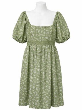 Green Floral Puff Sleeve Dress Romantic Cottagecore Spring Summer Beachy